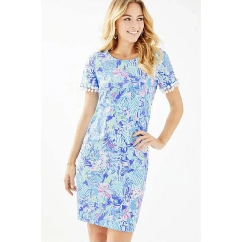Lilly Pulitzer Women's Lissie Dress Coastal Blue Lion Around Pom Pom Sz S 2572